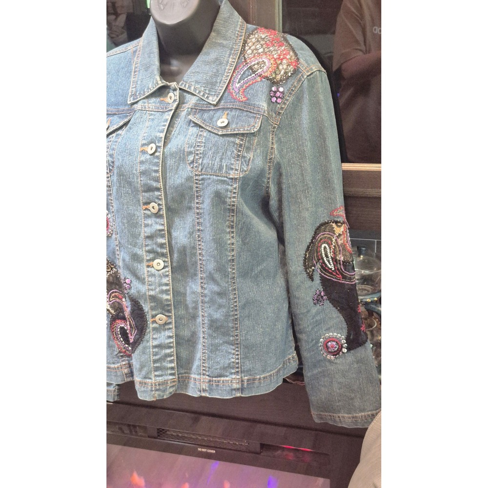 Boho Boutique Western Denim Jacket Embellished Embroidery Rhinestone Blue 14 L - Picture 6 of 12